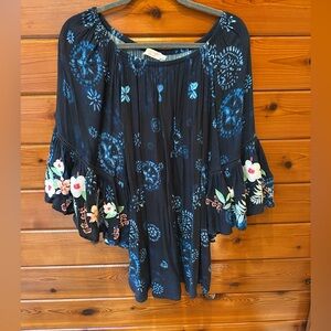 Johnny Was Black and Blue Floral Embroidered Blouse